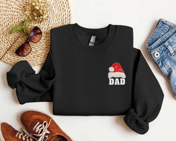 Embroidered Dad Santa Hat Christmas Sweatshirt, 2D Crewneck Sweater For Family