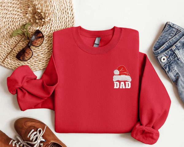 Embroidered Dad Santa Hat Christmas Sweatshirt, 2D Crewneck Sweater For Family