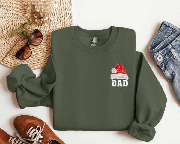 Embroidered Dad Santa Hat Christmas Sweatshirt, 2D Crewneck Sweater For Family