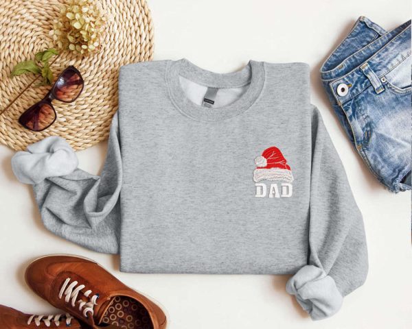 Embroidered Dad Santa Hat Christmas Sweatshirt, 2D Crewneck Sweater For Family