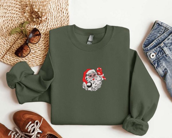 Embroidered Retro Santa Christmas Sweatshirt 2D Crewneck Sweater For Family