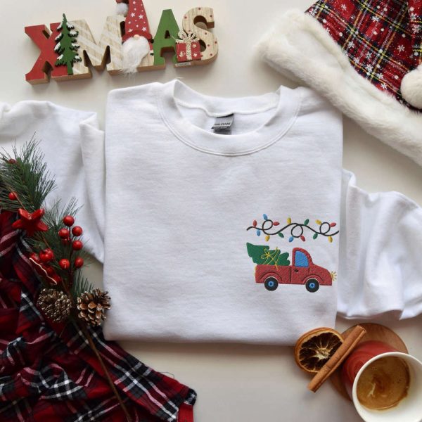 Embroidered Farm Fresh Christmas Trees Sweater, Christmas Truck Sweatshirt, Christmas Gift