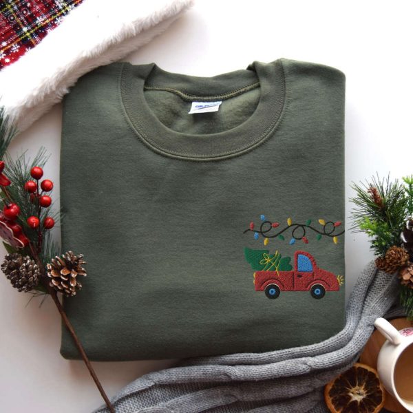 Embroidered Farm Fresh Christmas Trees Sweater, Christmas Truck Sweatshirt, Christmas Gift