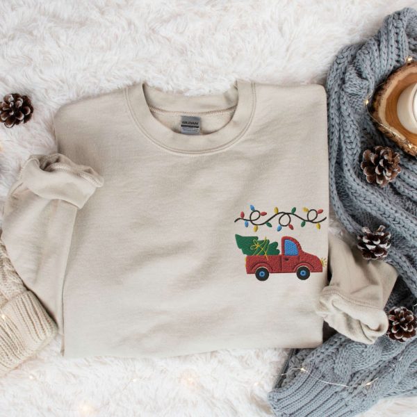 Embroidered Farm Fresh Christmas Trees Sweater, Christmas Truck Sweatshirt, Christmas Gift