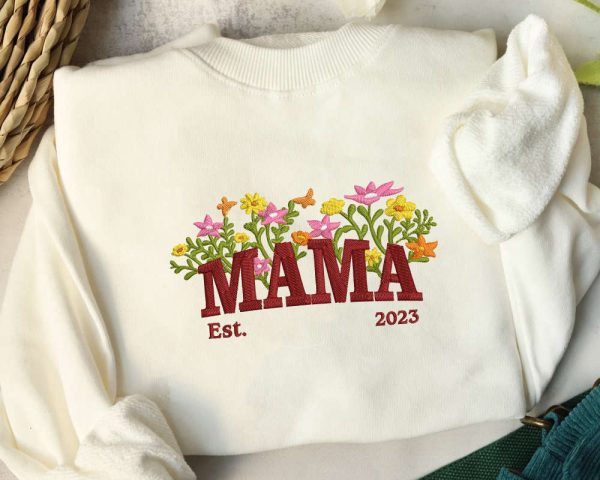 Custom Embroidered Mama Sweatshirt, Floral Embroidered Sweatshirt Gift For Mom