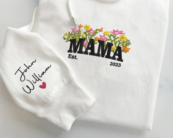 Custom Embroidered Mama Sweatshirt, Floral Embroidered Sweatshirt Gift For Mom