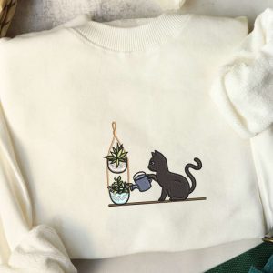 Embroidered Cat Watering Plants Sweater, Plants…