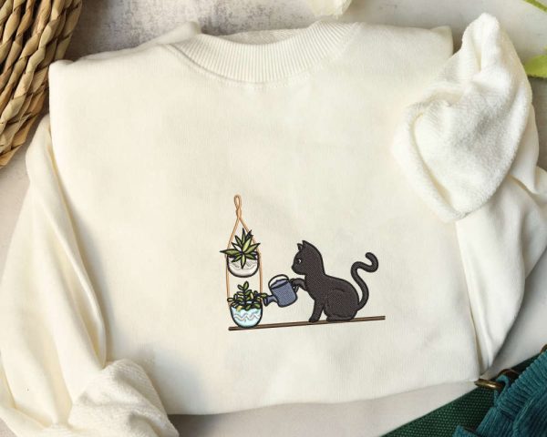 Embroidered Cat Watering Plants Sweater, Plants And Cat Embroidered Sweatshirt For Cat Lovers