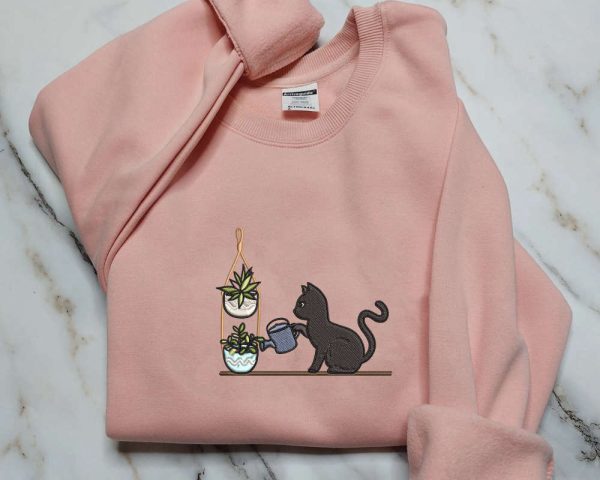 Embroidered Cat Watering Plants Sweater, Plants And Cat Embroidered Sweatshirt For Cat Lovers