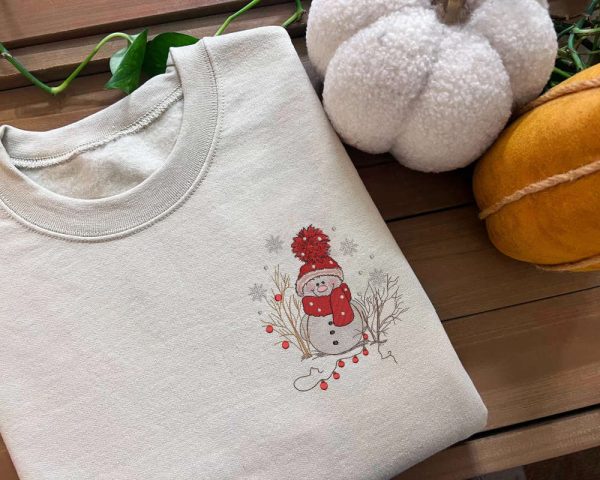 Snowman Machine Embroidery Shirt, Holiday Embroidery Sweater For Christmas