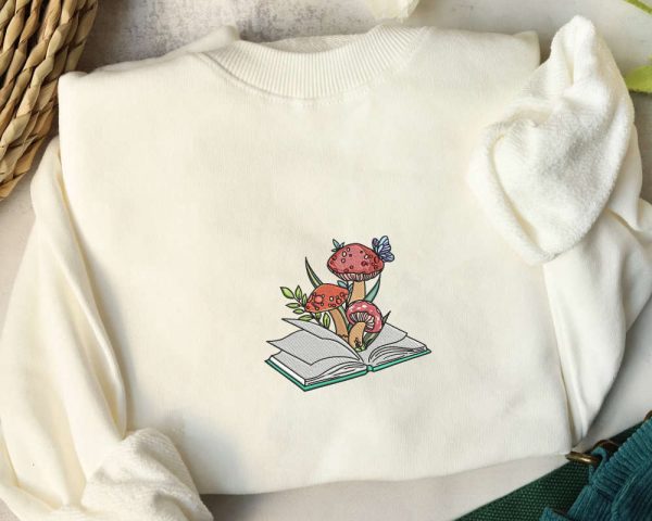 Mushroom Book Embroidered Crewneck Sweatshirt, Mushroom And Book Sweatshirt For Book Lovers