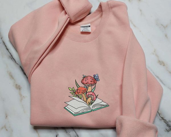 Mushroom Book Embroidered Crewneck Sweatshirt, Mushroom And Book Sweatshirt For Book Lovers