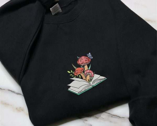 Mushroom Book Embroidered Crewneck Sweatshirt, Mushroom And Book Sweatshirt For Book Lovers