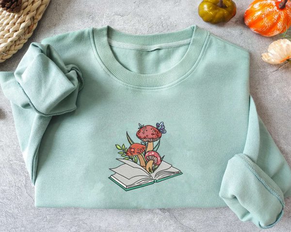 Mushroom Book Embroidered Crewneck Sweatshirt, Mushroom And Book Sweatshirt For Book Lovers