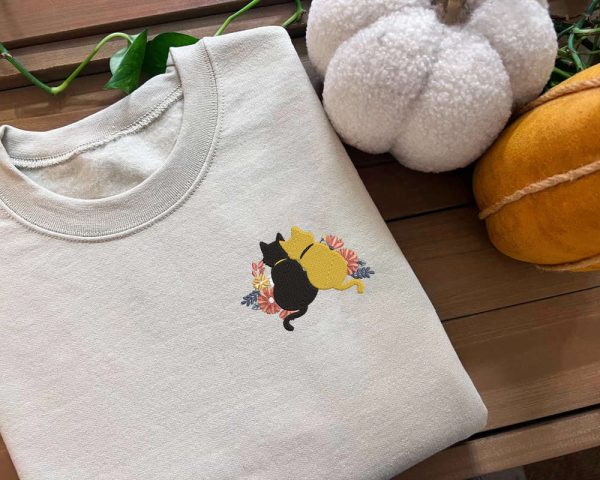 Cute Cat Embroidered Sweatshirt, Couple Embroidery Sweatshirt Gift For Couple