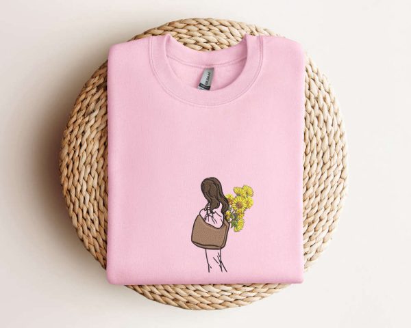 Sunflower Girl Embroidered Sweatshirt, Sunflower Embroidery Sweatshirt Gift For Women