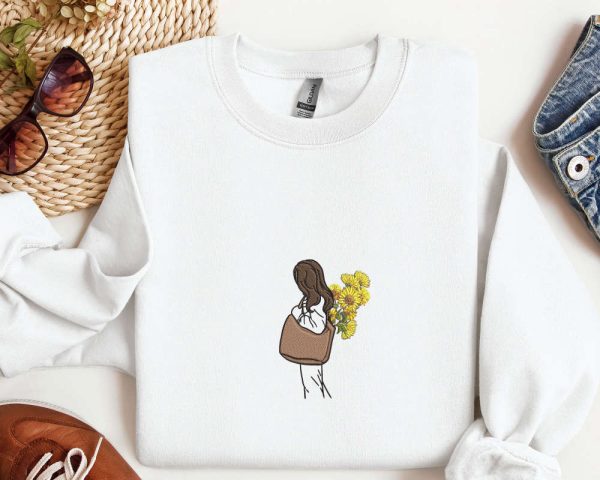 Sunflower Girl Embroidered Sweatshirt, Sunflower Embroidery Sweatshirt Gift For Women