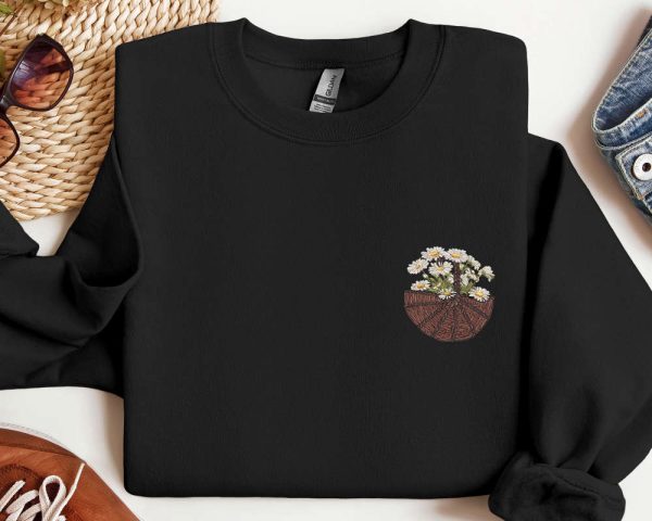 Flower Basket Embroidered Sweatshirt, Flower Embroidery Sweatshirt, Gift For Women