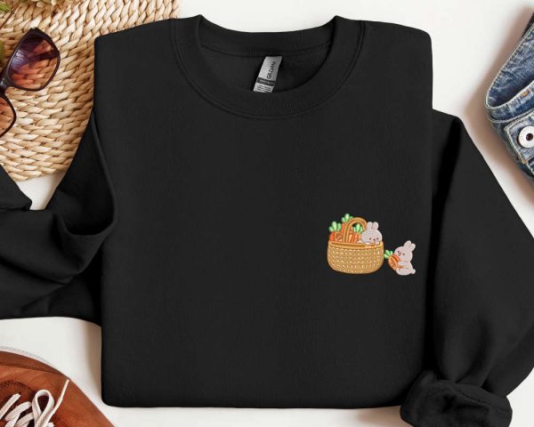 Lovely Rabbit Embroidered Sweatshirt, Carrot Embroidery Sweatshirt For Women