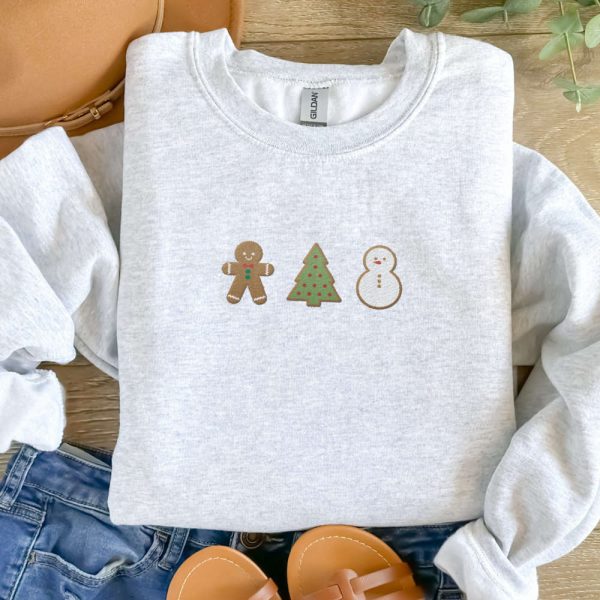 Christmas Cookies Embroidered Sweatshirt, Christmas Tree Embroidered Crewneck For Family