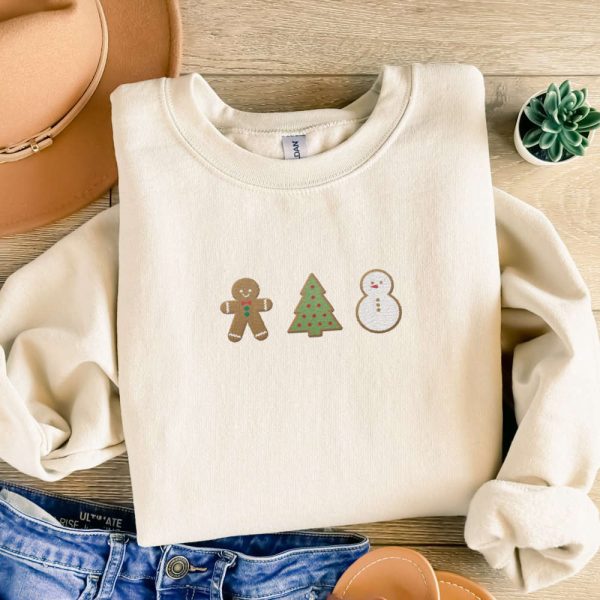 Christmas Cookies Embroidered Sweatshirt, Christmas Tree Embroidered Crewneck For Family