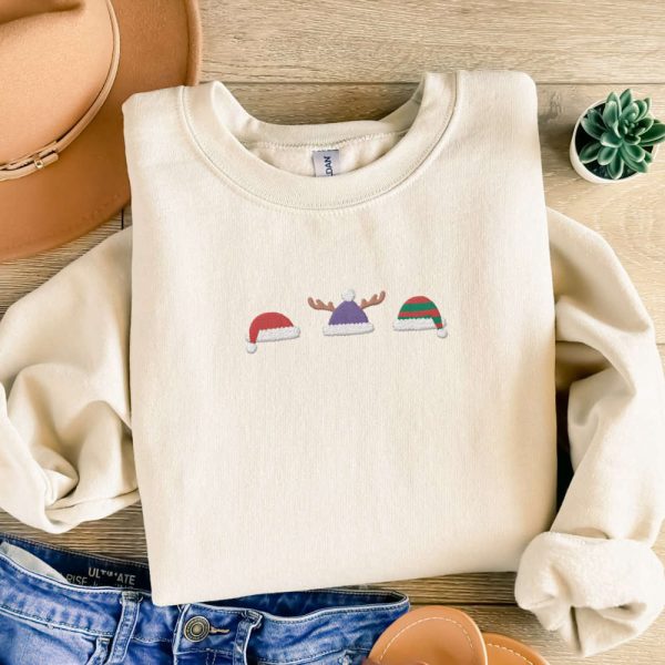 Christmas Santa Hats Embroidered Sweatshirt, Santa Claus Embroidered Sweatshirt For Family