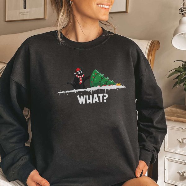 Funny Christmas Cat Embroidered Sweatshirt, What? Christmas Cat Sweater For Women