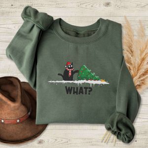 Funny Christmas Cat Embroidered Sweatshirt, What?…