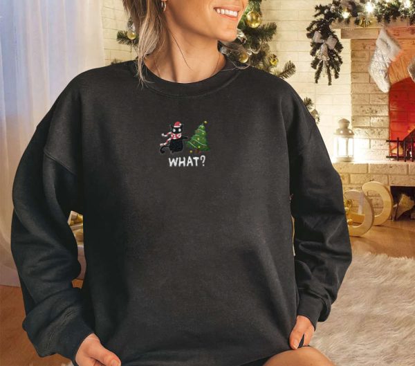 Funny Black Cat Embroidered Christmas Sweatshirt, Cat Christmas Sweater, Cat Lover Gift