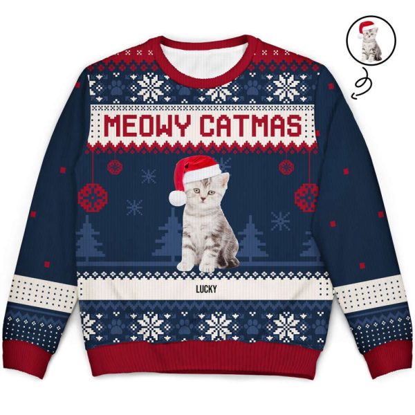 Personalized Funny Cat Photo Christmas Ugly Sweater, Custom Photo Christmas Sweater For Pet Lover