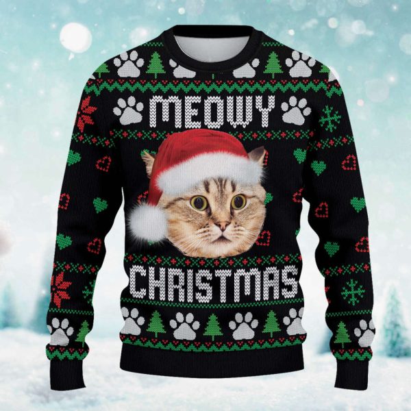 Personalized Meowy Christmas Sweatshirt, Cat Custom Photo Ugly Christmas Sweater For Cat Lover