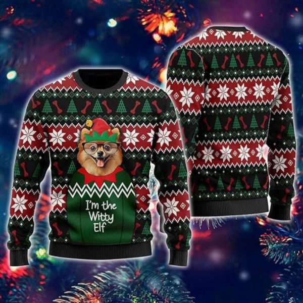 Witty Elf Dog Ugly Christmas Sweater For Women, Funny Mens Funny Ugly Sweater Xmas Crew Neck Sweatshirt