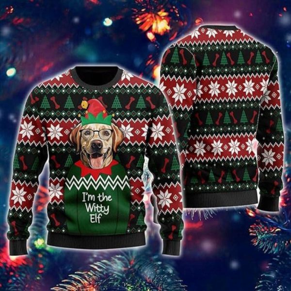 Witty Elf Dog Ugly Christmas Sweater For Women, Funny Mens Funny Ugly Sweater Xmas Crew Neck Sweatshirt