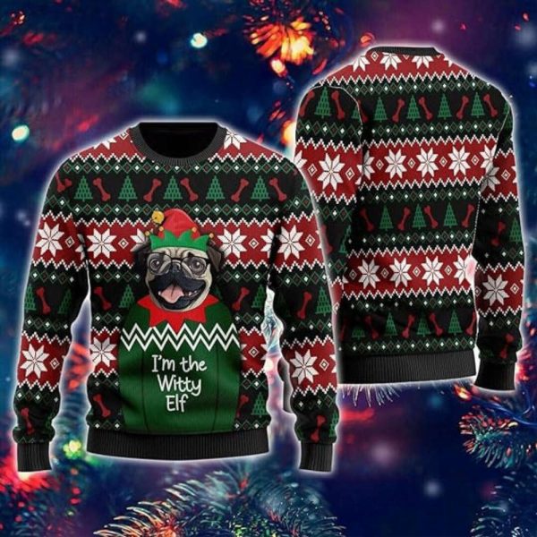 Witty Elf Dog Ugly Christmas Sweater For Women, Funny Mens Funny Ugly Sweater Xmas Crew Neck Sweatshirt