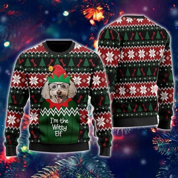 Witty Elf Dog Ugly Christmas Sweater For Women, Funny Mens Funny Ugly Sweater Xmas Crew Neck Sweatshirt