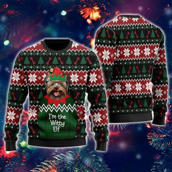 Witty Elf Dog Ugly Christmas Sweater For Women, Funny Mens Funny Ugly Sweater Xmas Crew Neck Sweatshirt