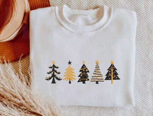 Embroidered Christmas Sweatshirt, Embroidered Pine Tree Sweatshirt For Christmas