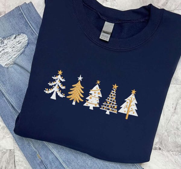 Embroidered Christmas Sweatshirt, Embroidered Pine Tree Sweatshirt For Christmas