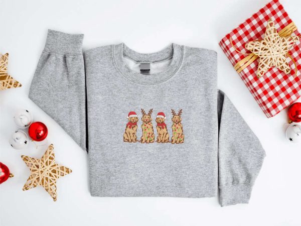 Embroidered Christmas Dog Sweatshirt, Golden Retriever Dog Christmas Sweater For Christmas