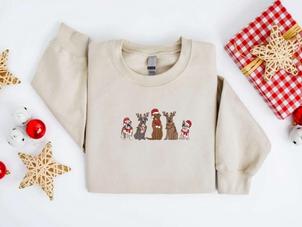 Embroidered Christmas Dog Sweatshirt, Embroidered Dog Christmas Sweater For Family