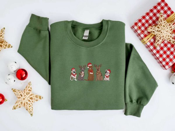 Embroidered Christmas Dog Sweatshirt, Embroidered Dog Christmas Sweater For Family