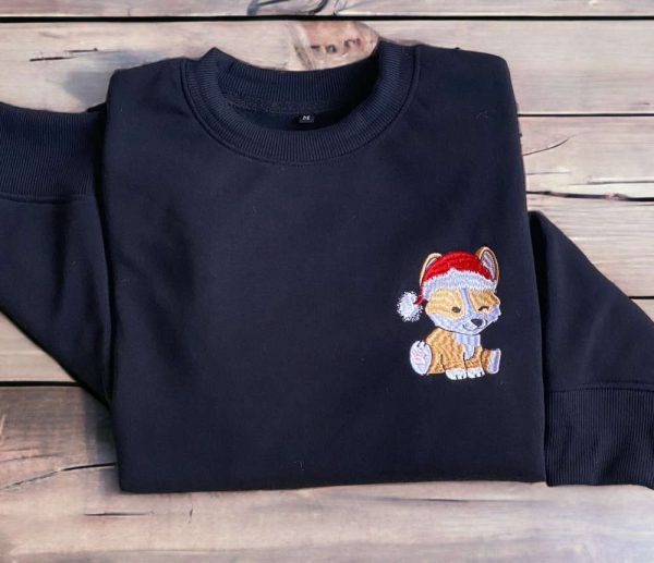 Embroidered Christmas Dog Sweatshirt Embroidered Corgi Santa Dog Christmas Sweater For Family