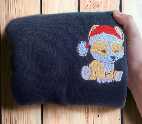 Embroidered Christmas Dog Sweatshirt Embroidered Corgi Santa Dog Christmas Sweater For Family