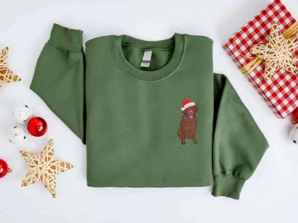 Embroidered Christmas Dog Sweatshirt, Chocolate Labrador Retriever Sweatshirt For Family