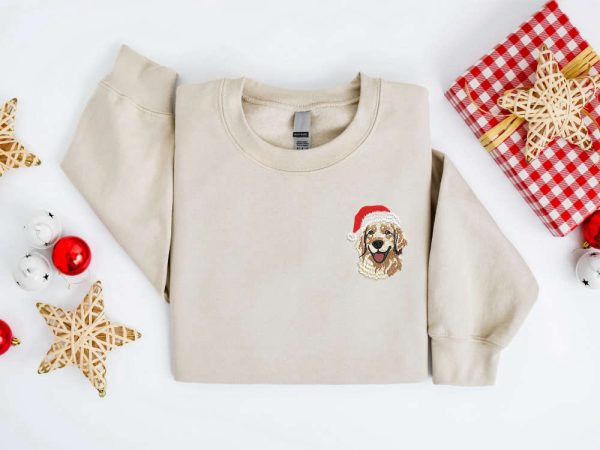 Embroidered Christmas Dog Sweatshirt, Golden Retriever Santa Christmas Sweater For Family