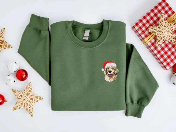 Embroidered Christmas Dog Sweatshirt, Golden Retriever Santa Christmas Sweater For Family