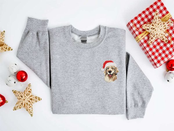 Embroidered Christmas Dog Sweatshirt, Golden Retriever Santa Christmas Sweater For Family