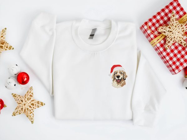 Embroidered Christmas Dog Sweatshirt, Golden Retriever Santa Christmas Sweater For Family