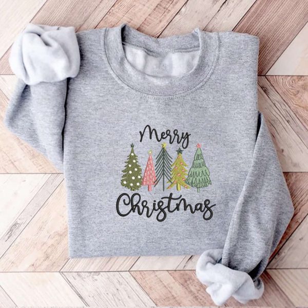 Merry Christmas Trees Machine Embroidery Sweatshirt, Best Gift For Christmas