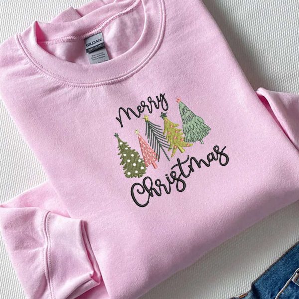 Merry Christmas Trees Machine Embroidery Sweatshirt, Best Gift For Christmas